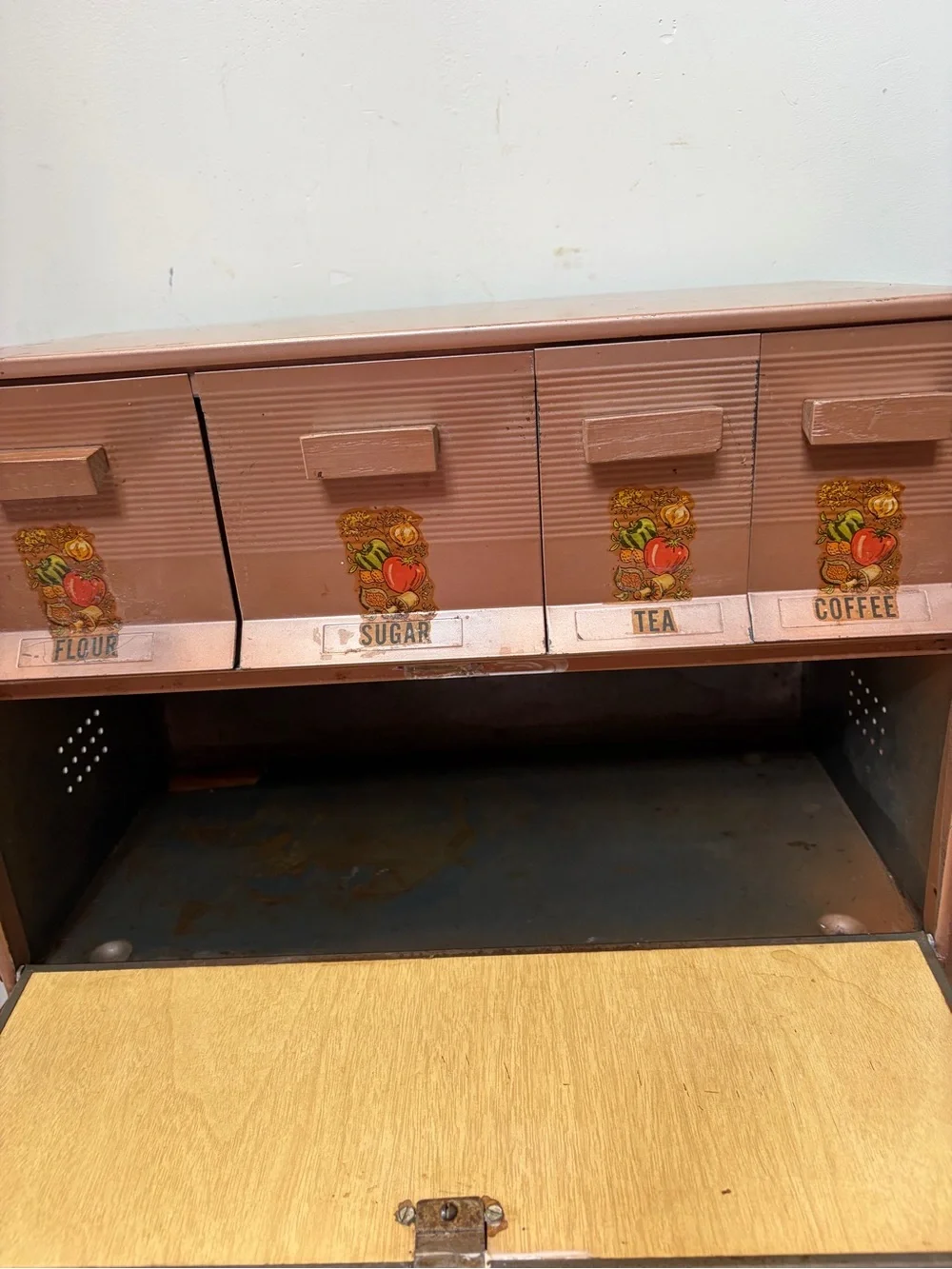 Vintage Kreamerwate Metal Kitchen Canister Set - with bread box Fruit Decals